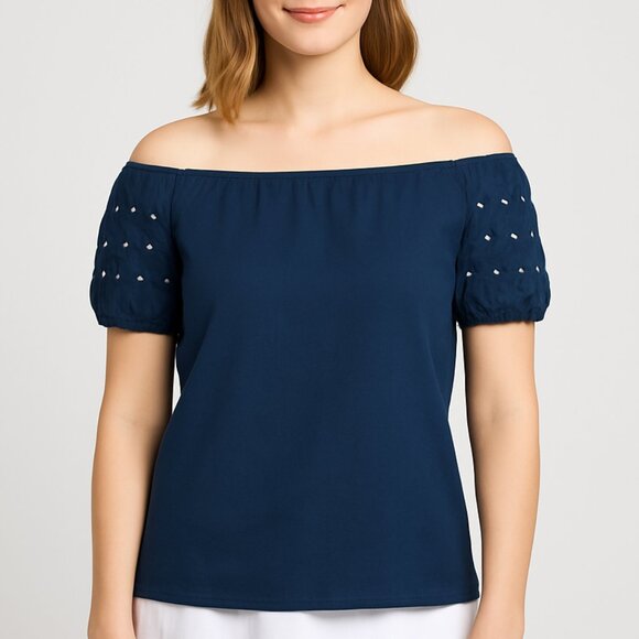 Carolina K Off The Shoulder Top Cotton Puff Sleeve Embroidered Boho Navy Top XS - Picture 1 of 8